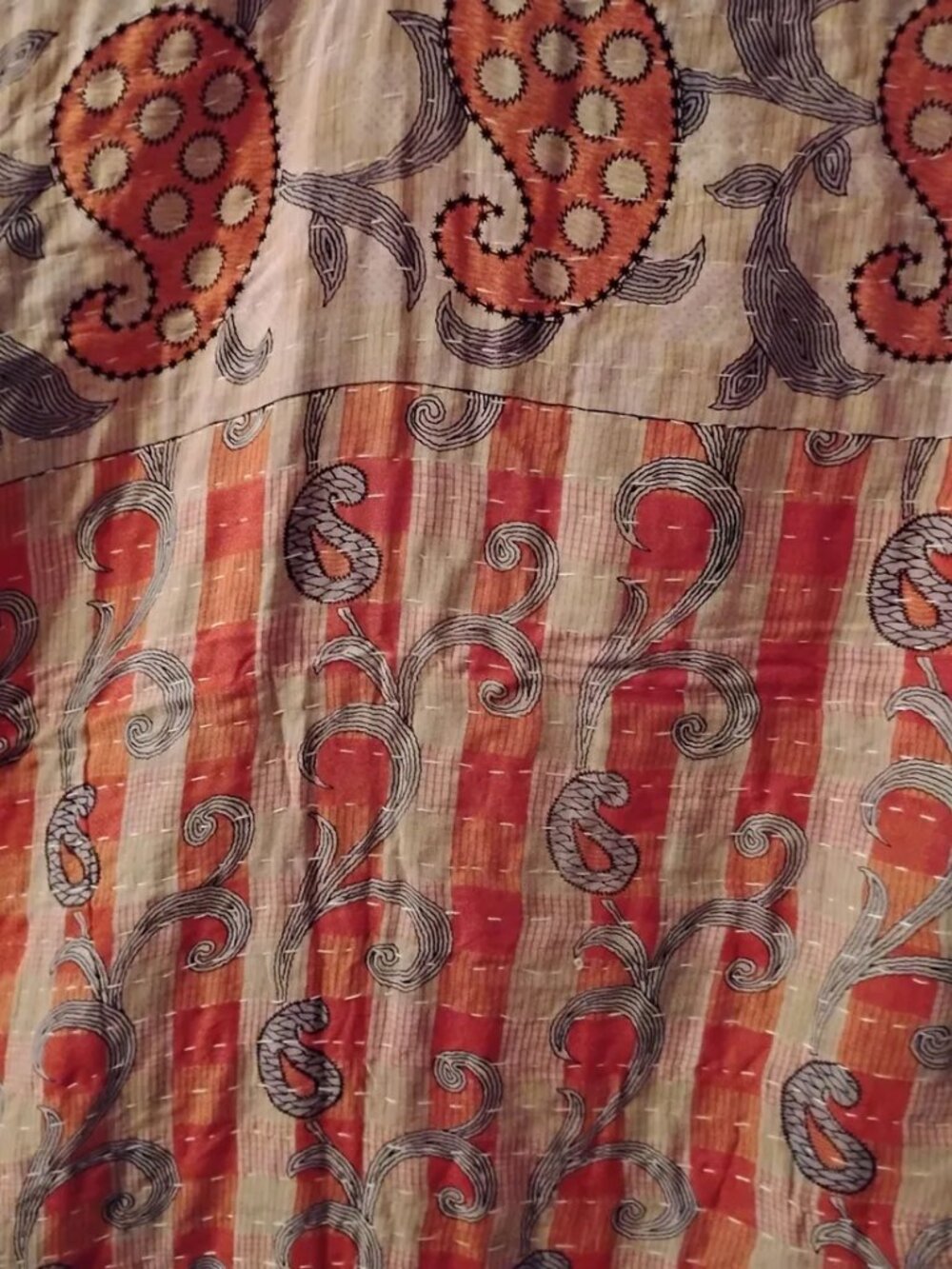 K226. Kantha Quilt Tangerine Tan Premium 3 Layer  Cotton Handmade In India